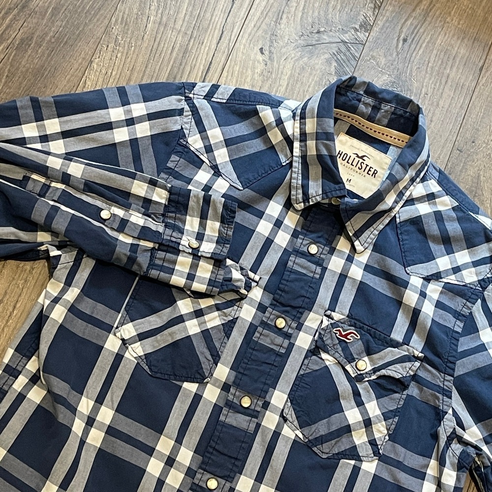 Hollister Mens Blue White Plaid Pearl Snap Western Shirt Medium 325270100